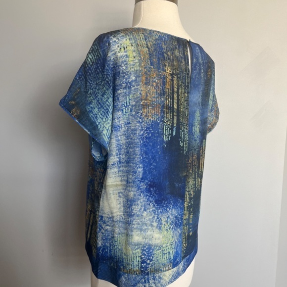 Lafayette‎ 148 Astract print Silk short sleeve Cocktail Blue Top Blouse T-shirt - Picture 4 of 11